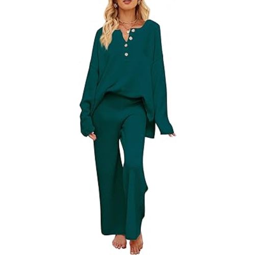 MEROKEETY Women's 2 Piece Outfit Sets Long Sleeve Button Knit Pullover Sweater and Pants Lounge Sets