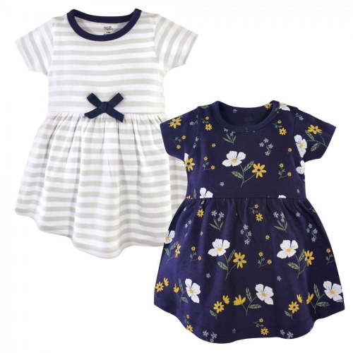 Hudson Baby Infant and Toddler Girl Cotton Short-Sleeve Dresses 2pk, Night Blooms, 0-3 Months