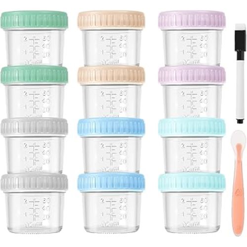 Qeedee 12 Pack Glass Baby Food Containers, 4 oz Leakproof Baby Food Jars with Lids, Reusable Small Purees Containers for Snack, Puree, Salad Dressing, Microwave Dishwasher Freezer Safe