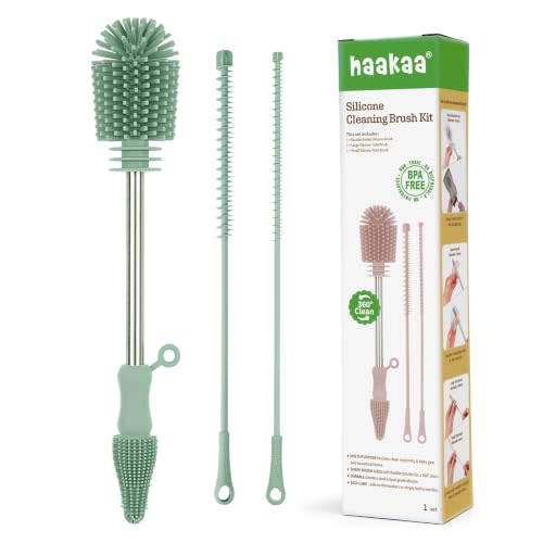 Haakaa Silicone Cleaning Brush Kit,Green,Portable Bottle Brush Cleaner | Ideal for Breast Pump,Nipple,Breast Milk Storage Bag,Reusable Straw,Sippy Cup - Food Grade Silicone Bristles