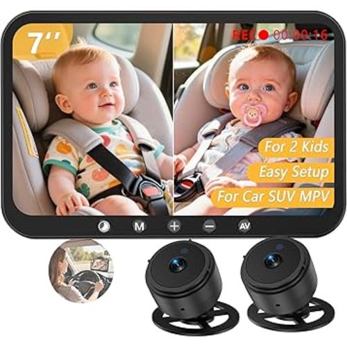 Dual Baby Car Camera for 2 Kids: 7-Inch 1080P Split-Screen Monitor with Recording Backseat Camera for Twins - USB Powered Clear Night Vision Easy to Install New - Baby Shower