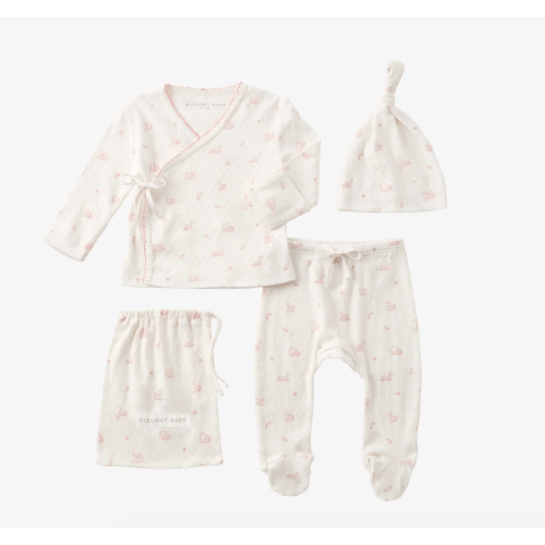 Pink Swan Print Organic Cotton Pointelle Layette 3 Pc Gift Set