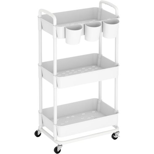 3-Tier Baby Diaper Caddy Organizer Cart with Locking Wheels & Hanging Cups - Rolling Storage Cart for Nursery, Changing Table, Baby Essentials,White