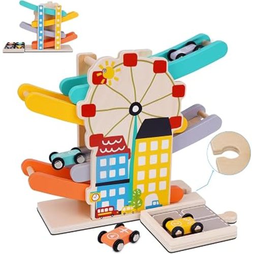 FCSONU Toddlers Montessori Toys for 1 2 Year Old Boys and Girls, Wooden Car Ramps Race Track Set with 4 Mini Cars & 4 Car Tracks & Garage, Christmas & 1st Birthday Gifts for Boys Girls Baby 1-3-2-4