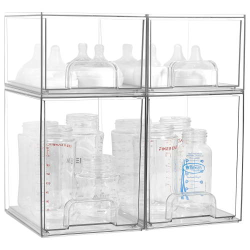 Baby Bottle Organizer, 4 Pack Clear Space-Saving Stackable Drawer with Handle, Baby Bottle Storage Organizer for Countertop and Cabinet