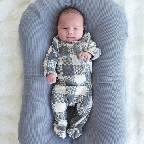 Big Check Bamboo Waffle Zipper Footie | Denim