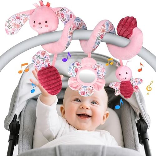 Hanging Car Seat Toys, Spiral Crib & Stroller Activity Toys with Rattles for Babies 0-6 Months, Baby Car Seat Accessories Toy for Developing Sensory & Motor Skills, Ideal Gift for Newborn Infant