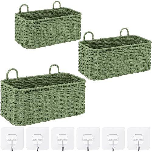 3 Pcs Wall Hanging Baskets,Rectangle,Sage Green,Paper Cord