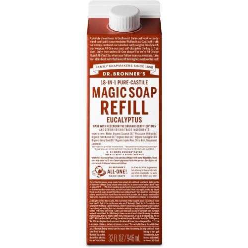 Dr. Bronner's Magic Soap-Pure-Castile Liquid Refill (Eucalyptus, 32 ounce, 1-Pack) - Regenerative Organic Certified Oils, For Body, Hair, Laundry, Pets & Dishes, Concentrated, Vegan, Non-GMO