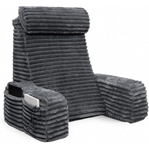 ENITYA 24" XXL Back Pillow for Bed Sitting Up with Armrests & Big Pockets