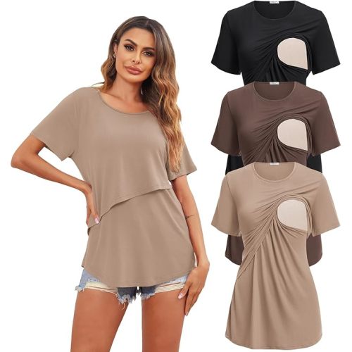 Ekouaer Women's Maternity Shirts Short Sleeves Nursing Tops 3 Pack Double Laye Breastfeeding Tees Pregnancy Clothes S-XXL