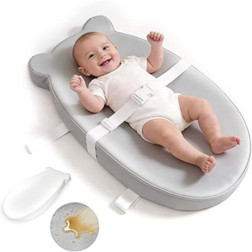 Baby Diaper Changing Pad with Wipeable & Waterproof PU Cover, Contoured Baby Changing Pad for Dresser, Non-Slip Changing Table Pad with Adjustable Strap, Cushioned Contoured Foam Grey