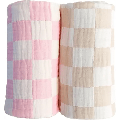 Ultra Soft Checkered Muslin Baby Blanket Pack of 2 Cotton Swaddles Bed Blankets for Babies and Toddlers Girls Newborn 42 x 42 inches Cream and Pink