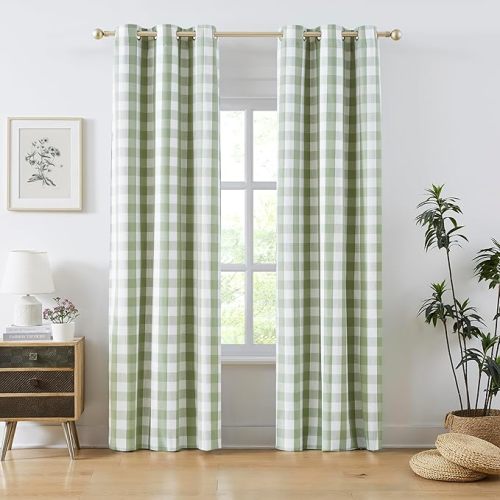 Amzdecor Sage Green White Buffalo Plaid Full Blackout Curtains 84 Inch for Bedroom Living Room Farmhouse Check Patterned Drapes Thermal Insulated Soundproof Grommet Window Treatment, 2 Panels, 40"x84"