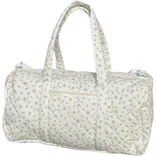 Quilted Duffle Bag for Women, Cute Weekend Bags Coquette Floral Duffle, Lightweight Baby Hospital Bag Diaper Tote (Beige)