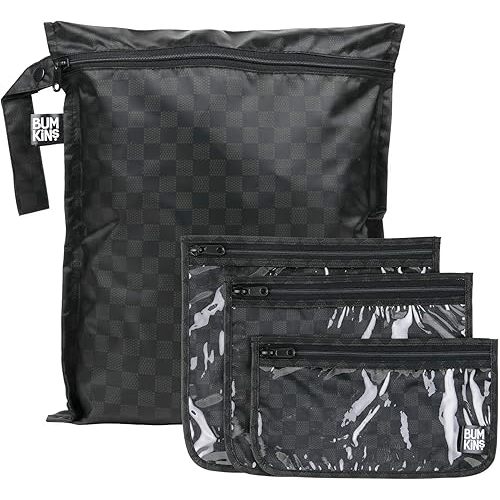 Bumkins - Waterproof Wet Bag & Clear Travel Bags - For Beach, Baby, Travel, Swim Suit, Cloth Diapers, Pump Parts, Pool, Gym, Toiletries - Reusable & Easy to Clean - Black Check - 4 Pack