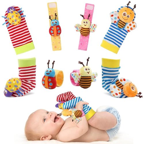 Bloobloomax Wrist Rattle Socks and Foot Finder Set, Infant Girl Boy Toys for Babies 0-36 Months, Newborn Hand & Foot Toys for 0 to 3 Years, Baby Shower Gifts Set Easter Basket Stuffer