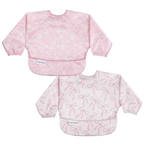 Tiny Twinkle Long Sleeve Bib for Babies & Toddlers – 2 Pack Waterproof Smock Bibs for Eating – Machine Washable & Mess-Proof, Baby Feeding Essential & Shower Must-Have (Toile,Bows, 6-24M)