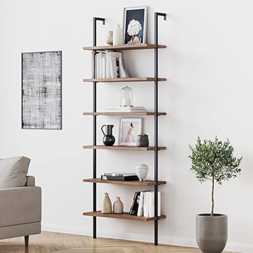 Nathan James Theo 6-Shelf Tall Bookcase, Wall Mount Bookshelf with Reclaimed Wood and Industrial Metal Frame, Oak/Black