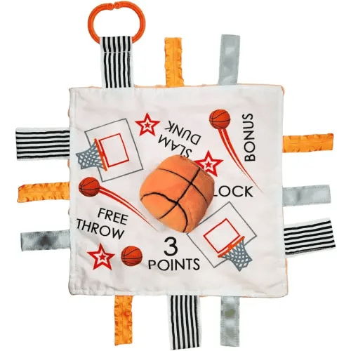 Baby Jack & Co 10x10” Basketball Sports Lovey Sensory Plush Blanket - Tag Toy for Developing Sense of Touch - Travel Stroller Toy w/BPA Free Clip - Learn Shapes, Letters & Colors - Sports Gift