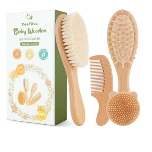 Yoofoss 4 Piece Baby Brush and Comb Set, Wooden Baby Brush with Natural Ultra Soft Goat Hair, Baby Hair Brush for Newborn, Baby Brush Set for Boy Girl
