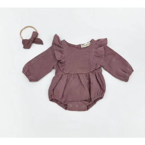 Gabriella Longsleeve Romper with Bow – Olive and Cradle