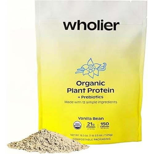 wholier Organic Plant Protein Powder + Prebiotics & Amino Acids, 21g Vanilla Protein Powder, USDA Organic, Gut Health Support, Vegan, Gluten Free, No Fillers, Vanilla Bean, 14 Servings