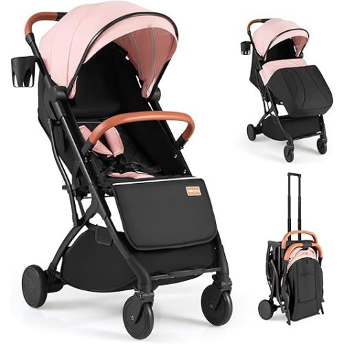 BABY JOY Lightweight Stroller, Compact Travel Stroller with One-Hand Fold, Adjustable Backrest, Canopy, Cup Holder, Footmuff & Storage Basket for Toddlers (Pink)