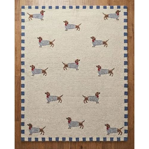Hand-Tufted Wool Area Rug with Cute Puppy Design, Cream Plush Carpet with Blue Border, Soft Durable Floor Rug for Living Room Bedroom Kids Room Home Decor 5' x 8'