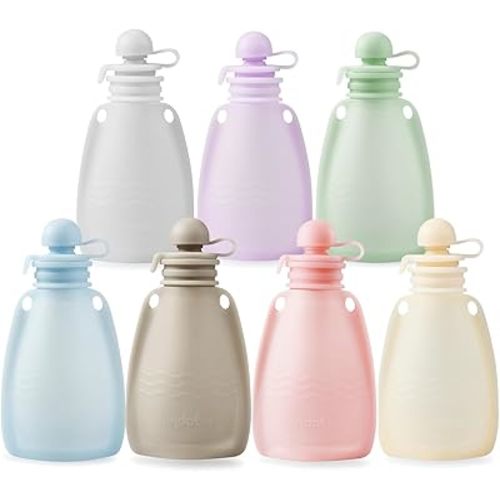 PandaEar Reusable Silicone Baby Food Pouches, 7 Pack Squeeze Pouches for Toddler Kids, BPA-Free Silicone Refillable Baby Food Storage, 5 oz /150 ml