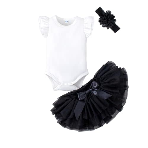 LYSMuch 0-24M Baby Girls Outfit Set Tutu Skirt with Diaper Cover Ruffle Sleeve Bodysuit Flower Headband