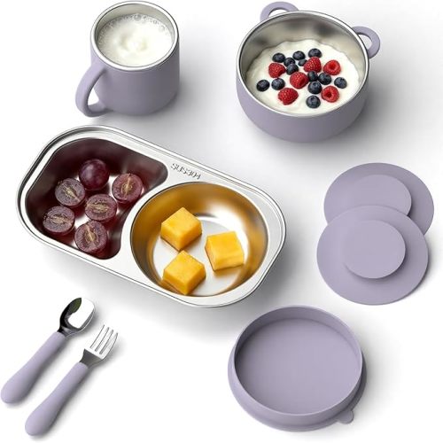 Bakpoco Stainless Steel Baby Feeding Set with Detachable Suction Base, Toddler Plates, Bowl, Cup & Kids Utensils, Grow-With-Baby Feeding Essentials for Self Feeding, Toddler Dinnerware Snack, Lilac