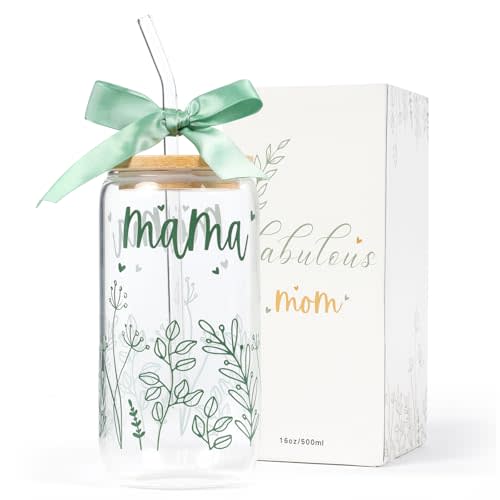 Gifts for Mom-Bow Mama Glass Cup with Lids and Straws Cute Aesthetic Iced Coffee Cup Smoothie Tumbler Gift for Mothers Day Christmas New Mom to be Personalized Birthday Presents for Women 16oz