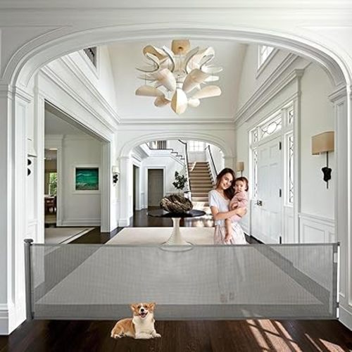 GCCSJ 177" Retractable Baby Gate, Extra Wide Mesh Barrier Door, Extended Pet Gate for Dogs, Useful Safety Gates for Stair, Hallways, Kitchens, Indoor, Outdoor, Bedrooms, Grey