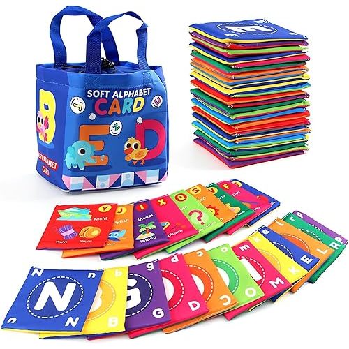 Early Childhood Enlightenment 26 Pieces Toddler Soft Alphabet ABC Letter Number Flash Cards Baby Cloth Bath Book Infant Crinkle First Toys Sensory Learning Flashcards (Letter)