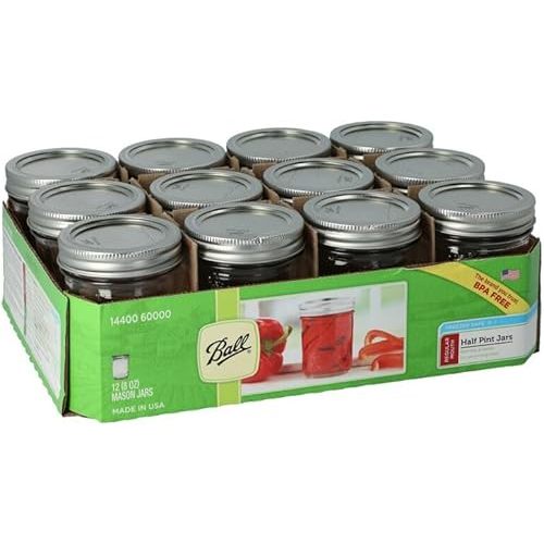 Ball Half Pint (8 oz.) Regular Mouth Glass Mason Jars w/ Cap - Set of 12 AEP