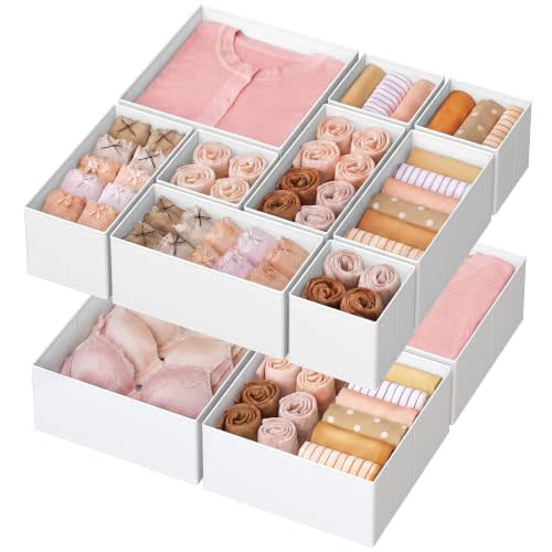 SONGMICS Drawer Organizers, Set of 12, Foldable Fabric Storage Boxes | Dresser Divider Organizers for Socks, Underwear, Bras, Ties, Scarves, Cloud White, TINA Collection URDZ006W02
