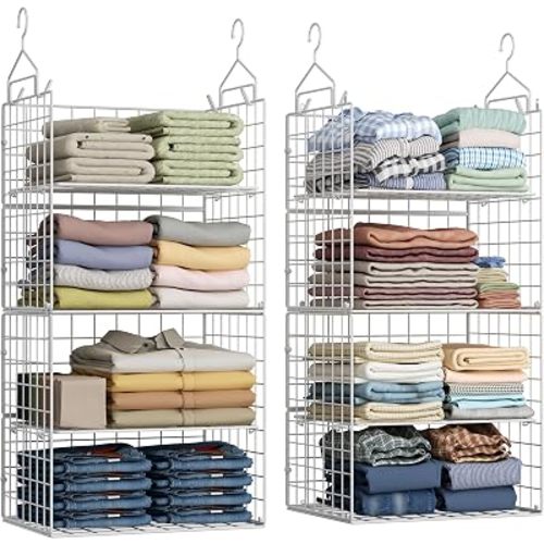 X-cosrack 8-Tier Closet Hanging Organizer Shelf - Hanging Clothes Organizer Shelves, Metal & Foldable Hanging Closet Organizer Baskets with Adjustable Dividers for Clothing Sweaters Shoes Handbags