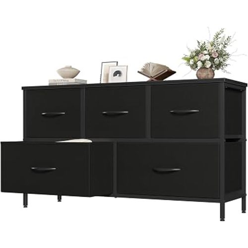 OLIXIS 5 Drawer Dresser for Bedroom, Closet Chest Organizer Furniture, TV Stand for Living Room Hallway, Wide Fabric Storage Tower with Wooden Top and Metal Frame, Black