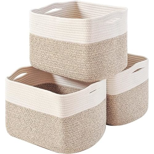 Storage Baskets for Organizing, Woven Cotton Rope Basket for Storage Books, Baby Organizing Baskets, Toy Storage Basket, 15"x11"x9.5", 3 Packs, Off White & Brown