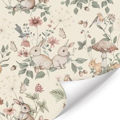 HLNIUC Boho Rabbit Peel and Stick Wallpaper 17”x118”Easter Bunny Contact Paper Spring Flower Mushroom Art Paper Beige Plant Leaves Wall Mural Vintage Botanical Floral Wallpaper for Bedroom Cabinets
