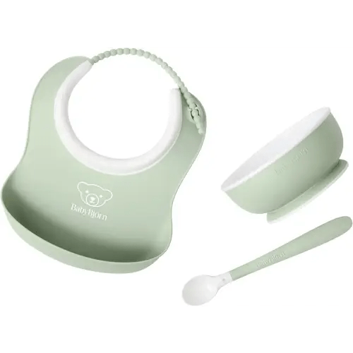BabyBjörn Baby Feeding Set, 3 pcs, Powder Green | Includes Baby Plate, Baby Fork, Baby Spoon, and Baby Cup | Dishwasher Safe | Toddler Feeding Set for self-Feeding or Baby-led weaning