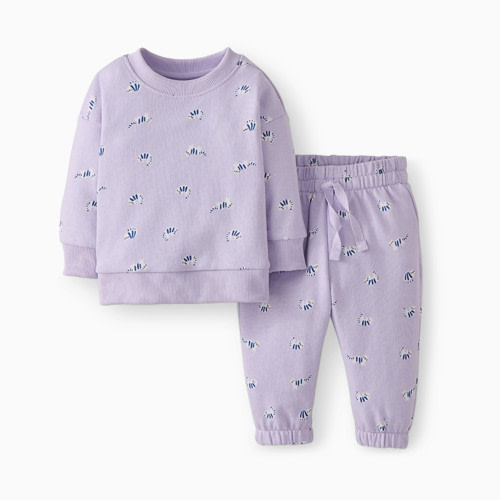 Hanna Andersson Baby French Terry Sweatsuit Set - Cute Cats On Soft Violet, 6-12 M