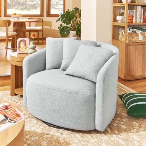 Free Shipping! Beautiful Cornflower Blue Boucle Accent Chair with Swivel Base, Plush Pillows, Oversized Seat