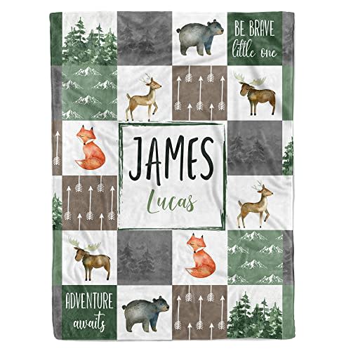MDPrints Personalized Baby Blankets for Boys - Customized Baby Blanket with Name - Newborn Nursery Gift - Soft Plush Fleece (Woodland 214)