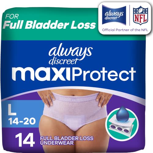 Always Discreet MaxiProtect Adult Diapers for Women, Incontinence Underwear, Scented, Postpartum Essentials, Bladder Leak Protection, Disposable Briefs, Maximum Plus Absorbency, Size L, 14 Count