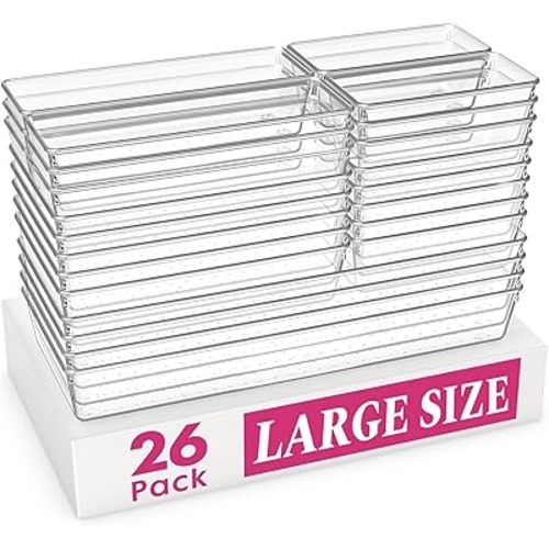 Criusia 26 Pack Large Clear Plastic Drawer Organizer Bins -5 Size Heavy Duty Acrylic Kitchen Drawer Organizers and Storage for Utensils -Bathroom Drawer Organizer Trays for Makeup Office Organization