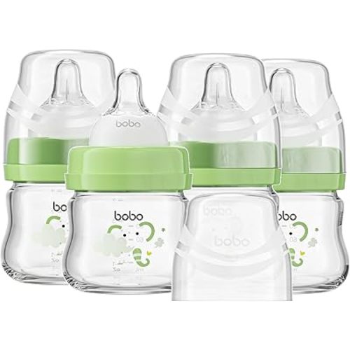 YOHKOH Glass Baby Bottles with Slow Flow Nipple, Newborn Anti-Colic Baby Bottles for 0+ Months, Wide Neck Feeding Bottle, Clear (Green, 2.7oz (Pack of 4))
