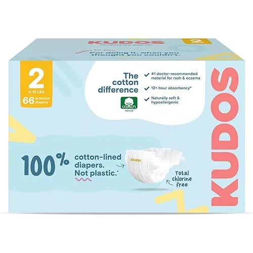 Kudos Size 2 Cotton-Lined Disposable Baby Diapers, 66 Count, Ultra Absorbent Baby Diapers, Soft Comfort, Gentle Materials, Secure Fit for Sensitive Skin
