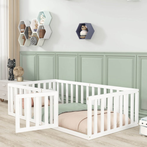 Harriet Bee Twin Size Wood Floor Bed Frame With Fence And Door, White & Reviews | Wayfair